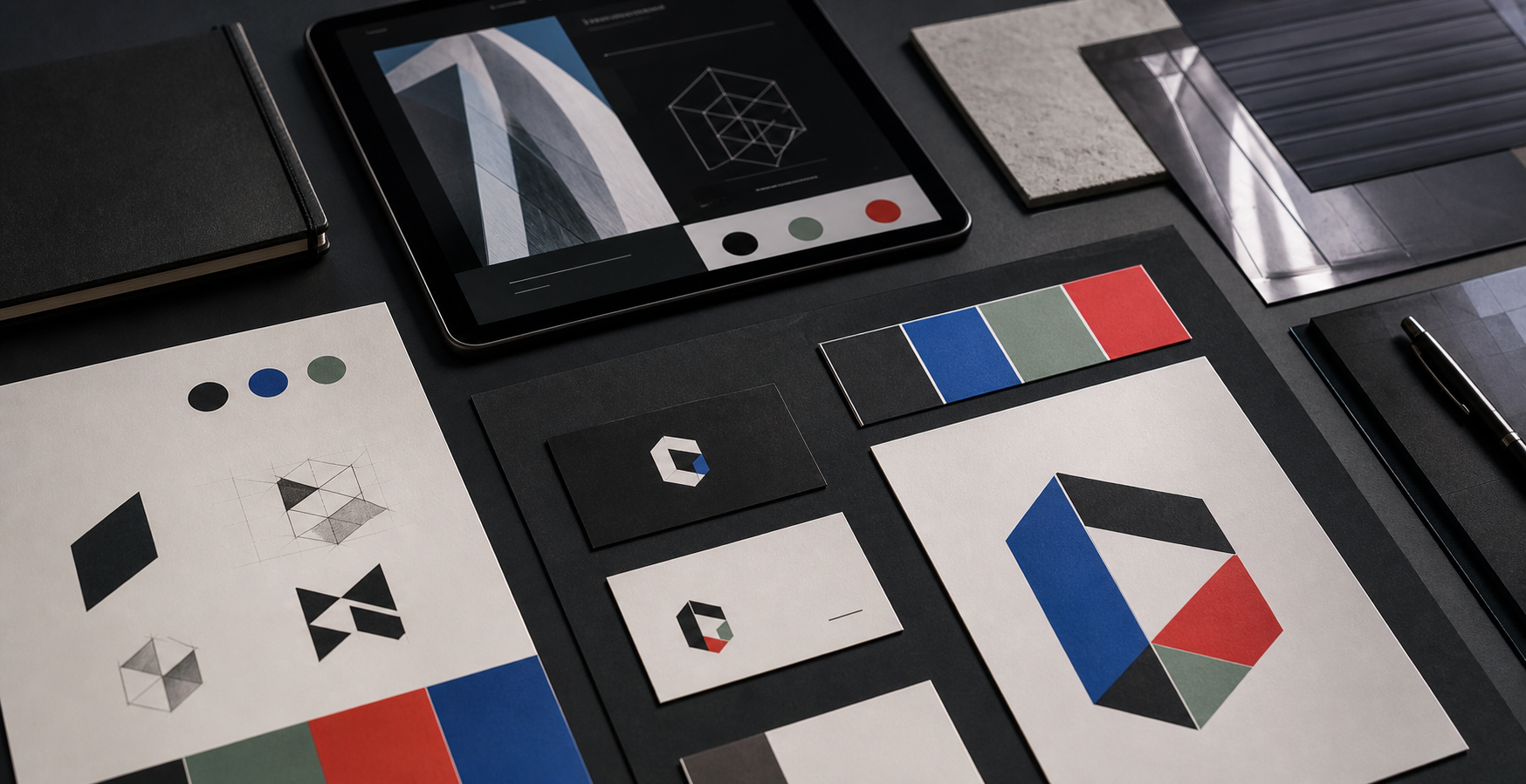 Presentation d'identite visuelle avec logo, couleurs et supports de marque